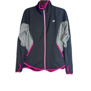 New Balance NB Dry Womens Large Running Jacket Black Gray Pink Full Zip Athletic
